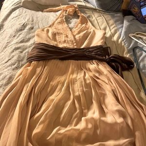 Blush pink halter dress with brown wrap around tie